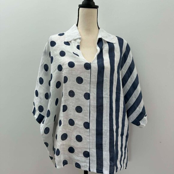 M Made In Italy Tops - Made in Italy Linen Tunic | Polka Dot & Stripe | V-Neck | Relaxed Fit | M